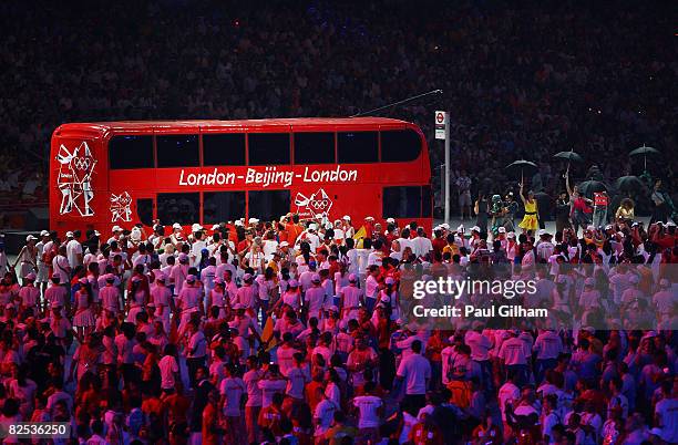 London Double Decker bus is seen during the Closing Ceremony for the Beijing 2008 Olympic Games at the National Stadium on August 24, 2008 in...