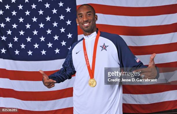 Kobe Bryant of the U.S. Men's Senior National Team poses for portraits after defeating Spain 118-107 in the men's gold medal basketball game at the...