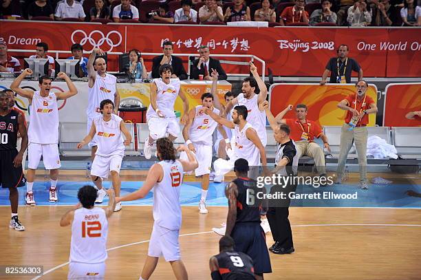 Juan Carlos Navarro of Spain celebrates hitting a shot against the U.S. Men's Senior National Team during the men's gold-medal basketball game at the...