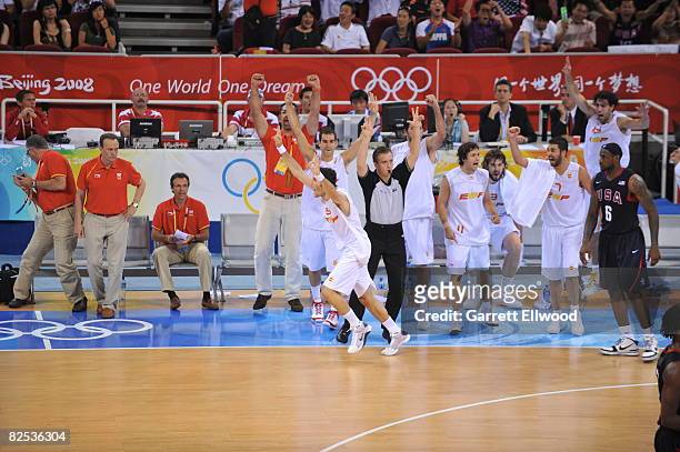 Rudy Fernandez of Spain reacts after hitting a three-pointer against the U.S. Men's Senior National Team during the men's gold-medal basketball game...