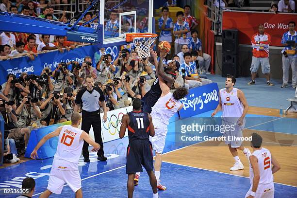 LeBron James of the U.S. Men's Senior National Team shoots against Pau Gasol of Spain during the men's gold-medal basketball game at the 2008 Beijing...
