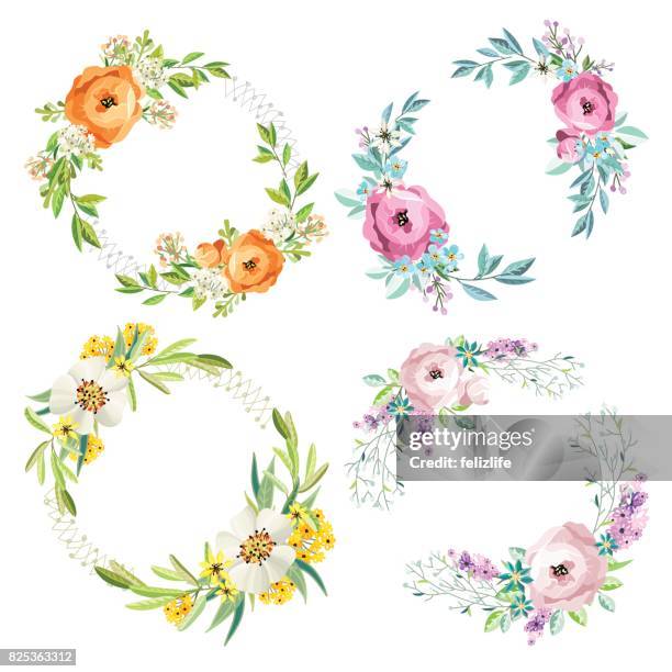 set of floral wreathes - peony stock illustrations