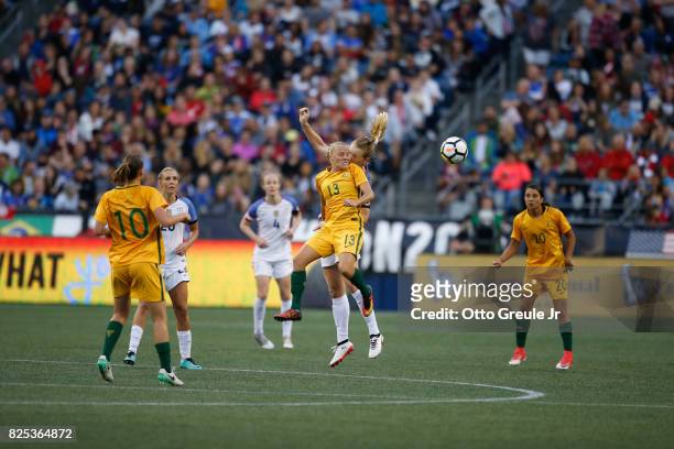 Tameka Butt of Australia battles Samantha Mewis of the United States during the 2017 Tournament of Nations at CenturyLink Field on July 27, 2017 in...