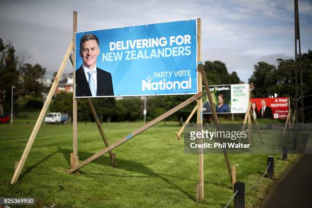 Election billboards for National, Green and Labour are pictured on August 2, 2017 in Auckland, New Zealand. Jacinda Ardern was elected unopposed as...