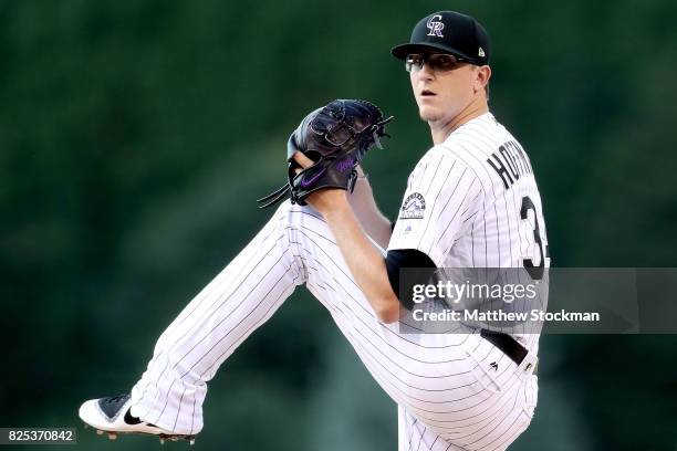 Starting pitcher Jeff Hoffman of the Colorado Rockies throws in the first inning against the New York Mets at Coors Field on August 1, 2017 in...