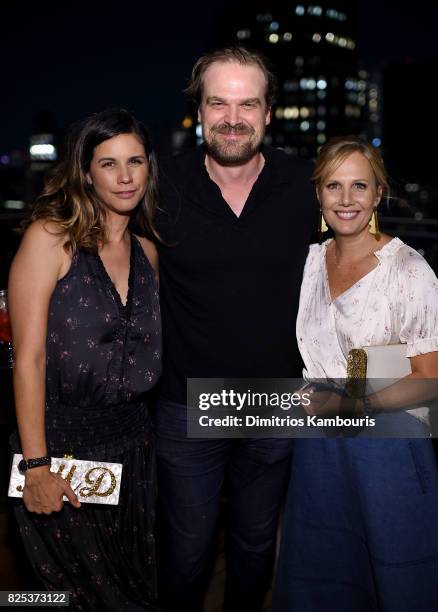 Julie Rudd, David Harbour and Naomi Scott attend the "Fun Mom Dinner"- After Party at The Jimmy at the James Hotel on August 1, 2017 in New York City.