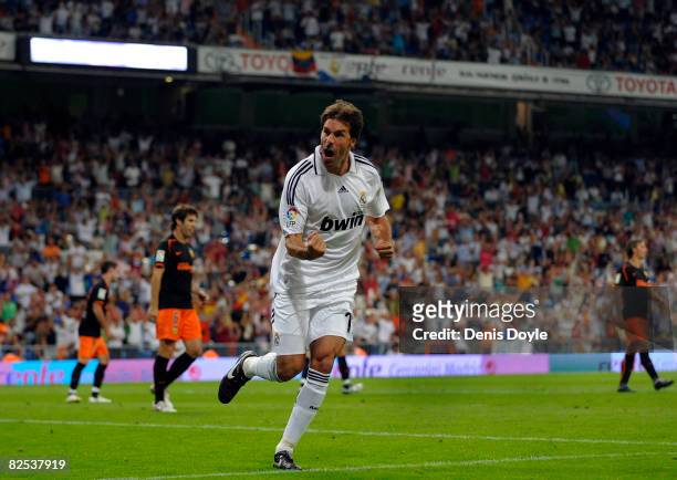 Ruud Van Nistelrooy of Real Madrid celebrates after scoring Real's first goal during the Super Copa Second Leg match between Real Madrid and Valencia...