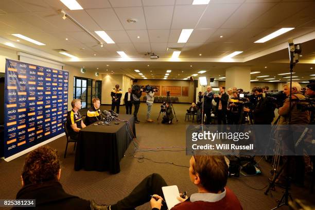 Sam Mitchell speaks to the media announcing his retirement from playing at the end of the home and away season during a West Coast Eagles press...