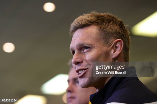 Sam Mitchell speaks to the media announcing his retirement from playing at the end of the home and away season during a West Coast Eagles press...