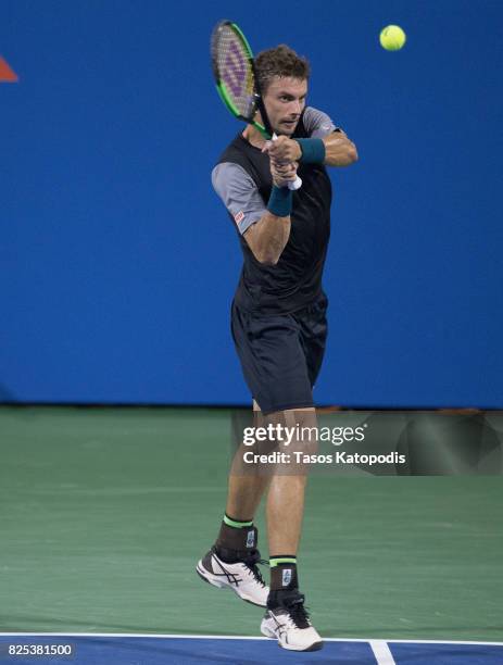 Henri Laaksonen of Switzerland competes against Dominic Thiem of Austria at William H.G. FitzGerald Tennis Center on August 1, 2017 in Washington, DC.