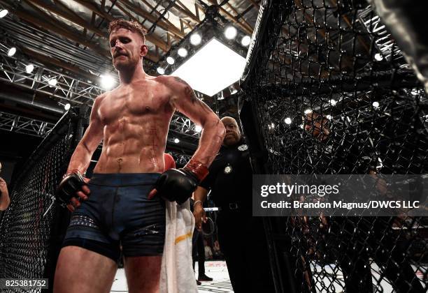 Austin Arnett exits the Octagon after his loss to Brandon Davis in their featherweight bout during Dana White's Tuesday Night Contender Series at the...