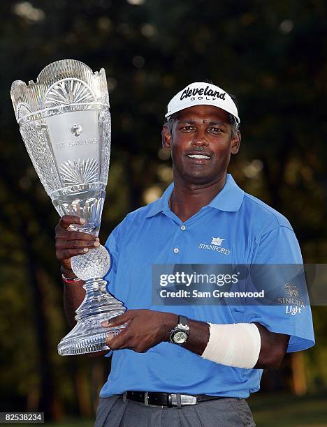 Vijay Singh of Fiji holds the trophy after winning The Barclays at Ridgewood Country Club on August 24, 2008 in Paramus New Jersey.