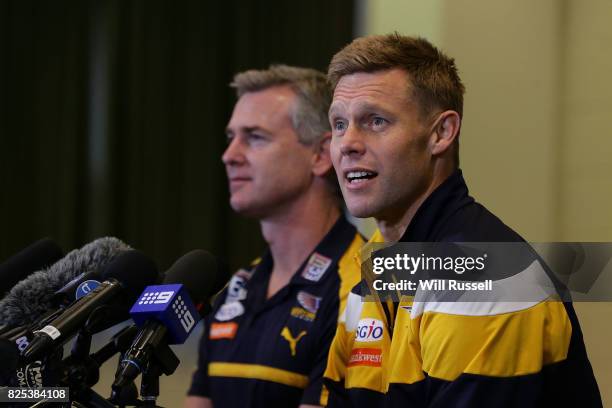 Sam Mitchell speaks to the media announcing his retirement from playing at the end of the home and away season during a West Coast Eagles press...