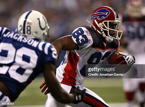 Lee Evans of the Buffalo Bills breaks away from Marlin Jackosn of the Indianapolis Colts on August 24, 2008 at Lucas Oil Stadium in Indianapolis,...