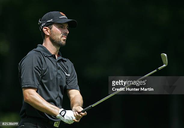 Mike Weir of Canada hits his second shot on the 3rd hole during the final round of The Barclays at Ridgewood Country Club on August 24, 2008 in...