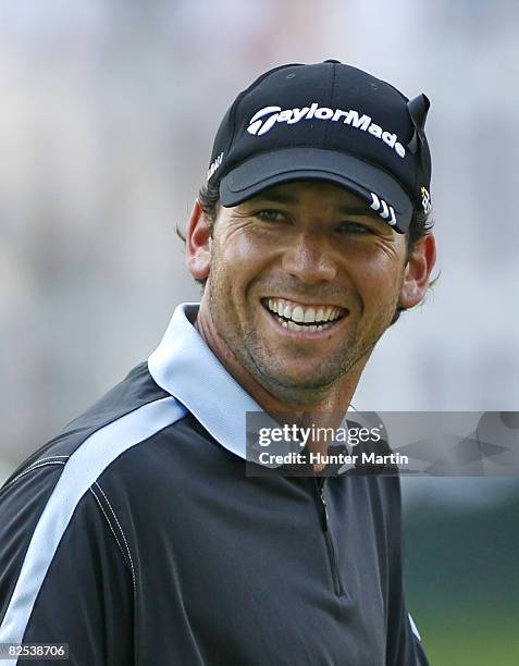 Sergio Garcia of Spain walks up the 18th fairway during the final round of The Barclays at Ridgewood Country Club on August 24, 2008 in Paramus, New...