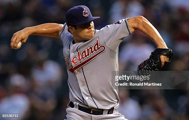 Pitcher Anthony Reyes of the Cleveland Indians throws against the Texas Rangers on August 24, 2008 at Rangers Ballpark in Arlington, Texas.