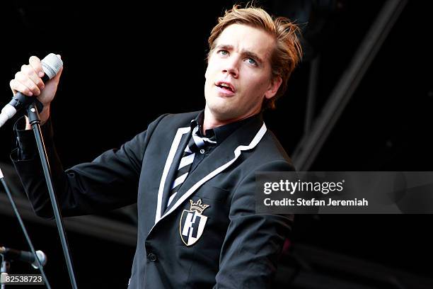 Pelle Almqvist of The Hives performs at Get Loaded in the Park at Clapham Common on August 24, 2008 in London, England.