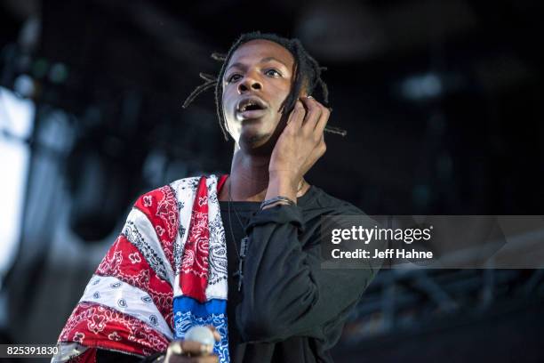 Rapper Joey Bada$$ performs at Charlotte Metro Credit Union Amphitheatre on August 1, 2017 in Charlotte, North Carolina.