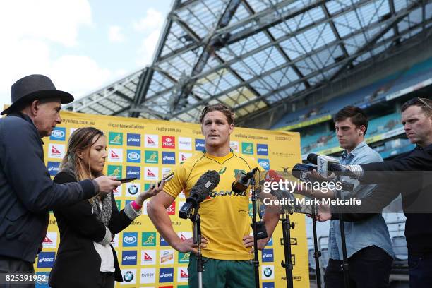 New Australian Wallabies captain Michael Hooper speaks to media at ANZ Stadium on August 2, 2017 in Sydney, Australia. Michael Hooper replaces...