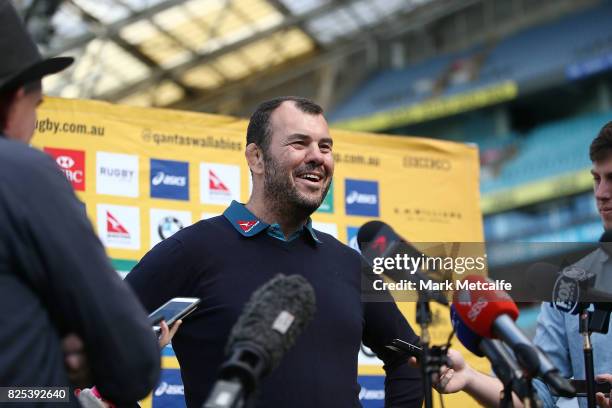 Wallabies coach Michael Cheika speaks to media at ANZ Stadium on August 2, 2017 in Sydney, Australia. Michael Hooper replaces Stephen Moore who has...