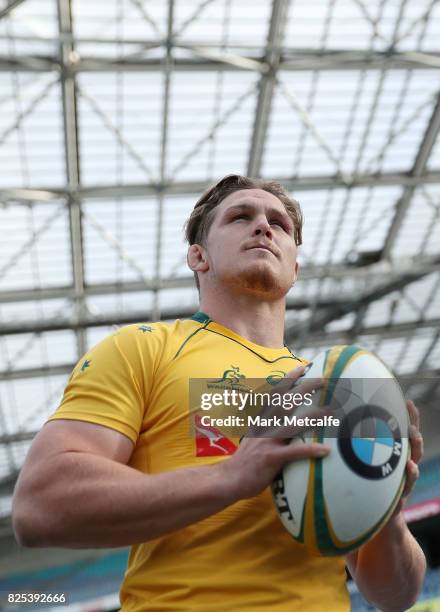 New Australian Wallabies captain Michael Hooper poses in front of media at ANZ Stadium on August 2, 2017 in Sydney, Australia. Michael Hooper...