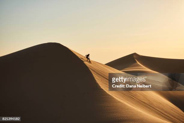 boy sand surfing in the desert sand dunes - sand dune stock pictures, royalty-free photos & images