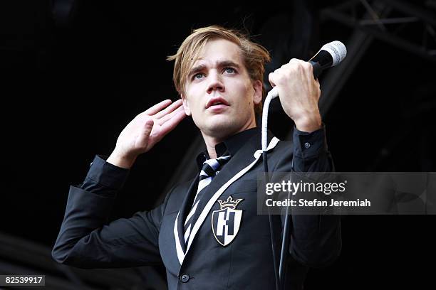 Pelle Almqvist of The Hives performs at Get Loaded in the Park at Clapham Common on August 24, 2008 in London, England.