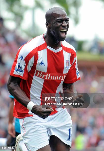 Stoke City's Mamady Sidibe celebrates after scoring the winning goal during the Premier league football match against Aston Villa at The Britannia...