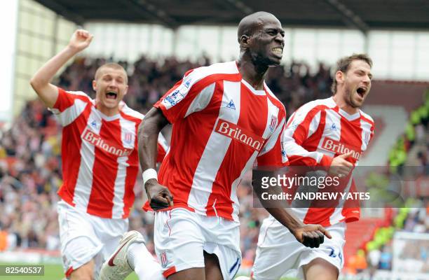 Stoke City's Mamady Sidibe celebrates after scoring the winning goal during the Premier league football match against Aston Villa at The Britannia...