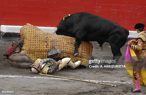 French picador Jacques Monnier falls after being knocked down by a Fuente Ymbro fighting bull during the seventh corrida of the Aste Nagusia...