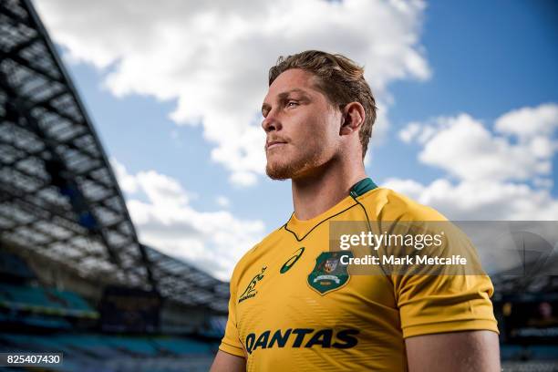 New Australian Wallabies captain Michael Hooper poses for a portrait at ANZ Stadium on August 2, 2017 in Sydney, Australia. Michael Hooper replaces...