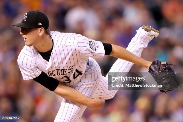 Starting pitcher Jeff Hoffman of the Colorado Rockies throws in the sixth inning against the New York Mets at Coors Field on August 1, 2017 in...