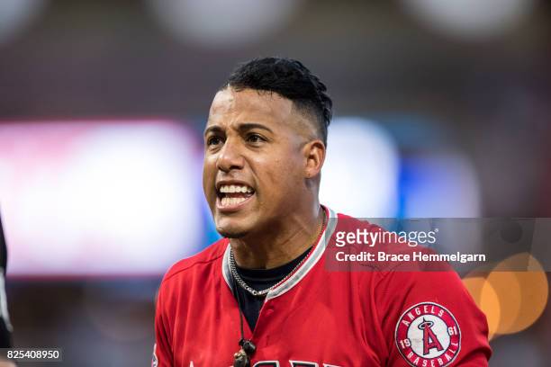 Yunel Escobar of the Los Angeles Angels of Anaheim argues a call and is ejected against the Minnesota Twins on July 5, 2017 at Target Field in...