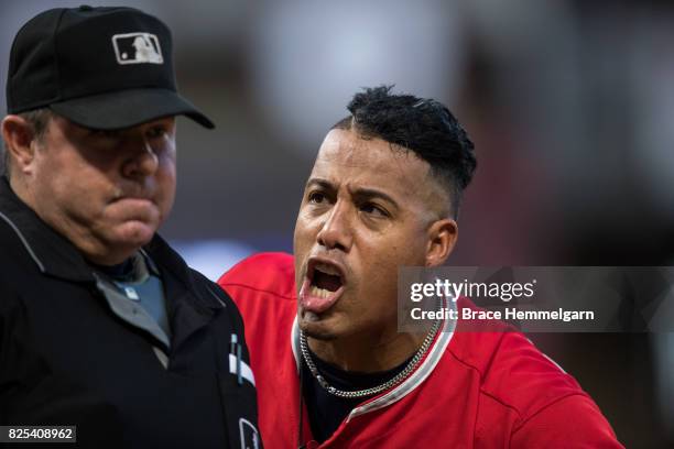 Yunel Escobar of the Los Angeles Angels of Anaheim argues a call and is ejected against the Minnesota Twins on July 5, 2017 at Target Field in...