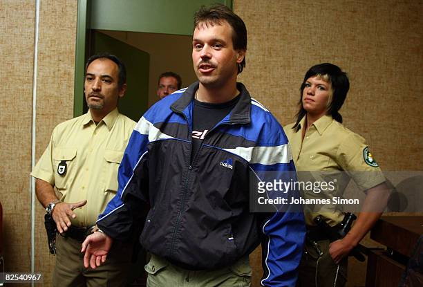 Defendant Sven Kittelmann arrives for his trial for armed robbery on August 25, 2008 in Munich, Germany. Kittelmann, a former employee of a money...