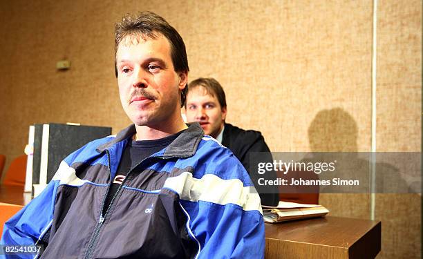 Defendant Sven Kittelmann and his lawyer Maximilian Pauls wait for his trial for armed robbery on August 25, 2008 in Munich, Germany. Kittelmann, a...