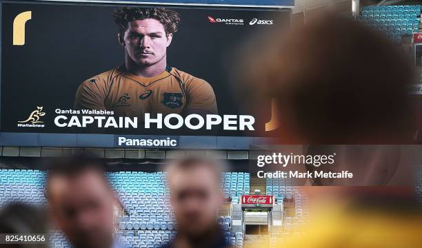 Large on screen image of Michael Hooper is seen as new Australian Wallabies captain Michael Hooper speaks to media at ANZ Stadium on August 2, 2017...