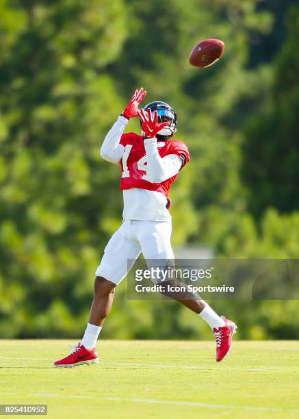 Atlanta Falcons wide receiver Justin Hardy makes a reception during the Atlanta Falcons Training Camp training camp on August 01, 2017 in Flowery...