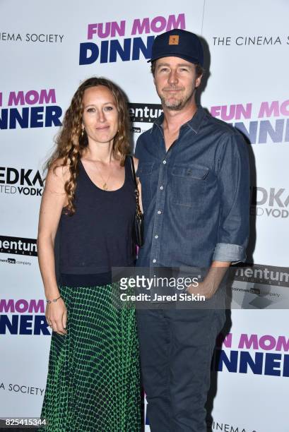 Shauna Robertson and actor Edward Norton attend Momentum Pictures with The Cinema Society & SVEDKA host a screening of "Fun Mom Dinner" at the...