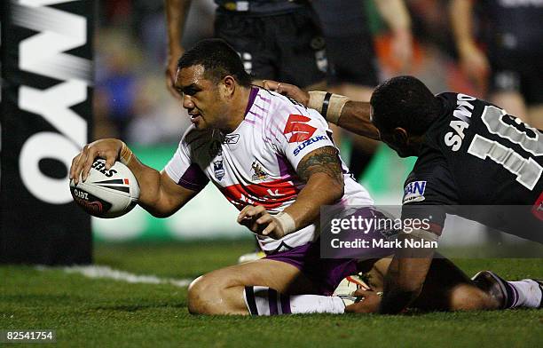 Jeff Lima of the Storm scores a try during the round 24 NRL match between the Penrith Panthers and the Melbourne Storm held at CUA Stadium August 25,...