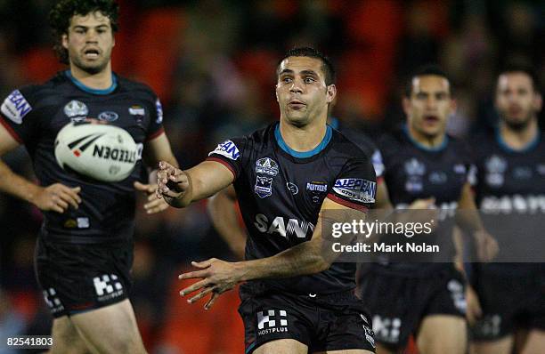 Maurice Blair of the Panthers passes during the round 24 NRL match between the Penrith Panthers and the Melbourne Storm held at CUA Stadium August...