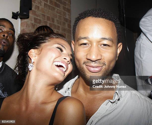 Chrissy Teigen and John Legend attend the Best of Both Worlds birthday celebration at the Safe Harbor Penthouse on August 23, 2008 in New York City.