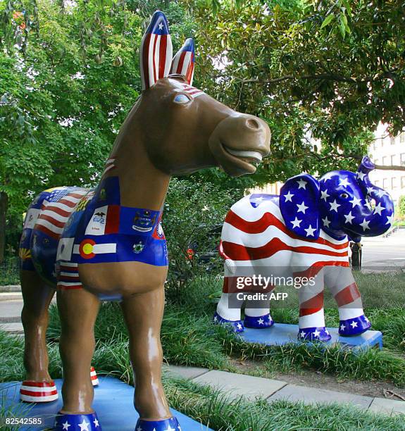 The symbols of the Democratic and Republican parties are seen on display in Washington, DC on August 25, 2008. The Democratic National Convention...