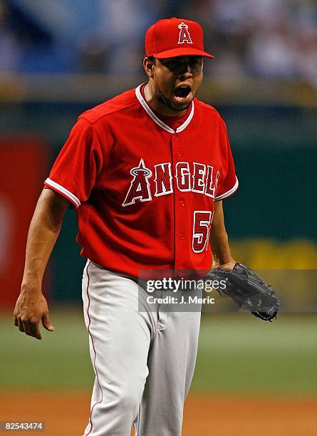 Relief pitcher Francisco Rodriguez of the Los Angeles Angels celebrates his save against the Tampa Bay Rays on August 20, 2008 at Tropicana Field in...