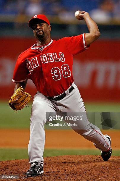 Relief pitcher Darren Oliver of the Los Angeles Angels pitches against the Tampa Bay Rays during the game on August 20, 2008 at Tropicana Field in...