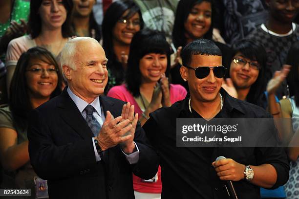 Presumptive Republican presidential nominee Sen. John McCain is endorsed by Latin recording artist Daddy Yankee during a news conference at Central...