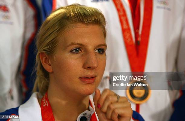 Double gold medallist Rebecca Adlington speaks to the press during The British Olympic Association Welcome Home press conference at the Crowne Plaza...