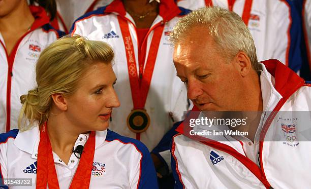Rebecca Adlington speaks to Simon Clegg during The British Olympic Association Welcome Home press conference at the Crowne Plaza Hotel Heathrow...