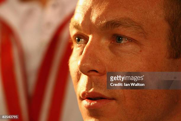 Triple gold medalist Chris Hoy speaks to the Press during The British Olympic Association Welcome Home Press Conference at the Crowne Plaza Hotel...